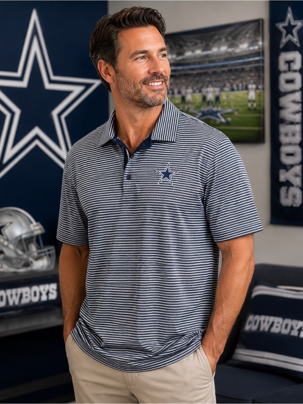 Dallas Cowboys Authentic NFL Polo Shirt Men’s 2XL Gray Navy Striped Logo Golf